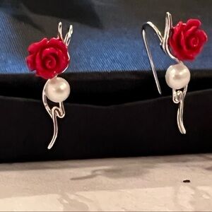 BLING JEWELRY sterling silver floral silver & red drop earrings
